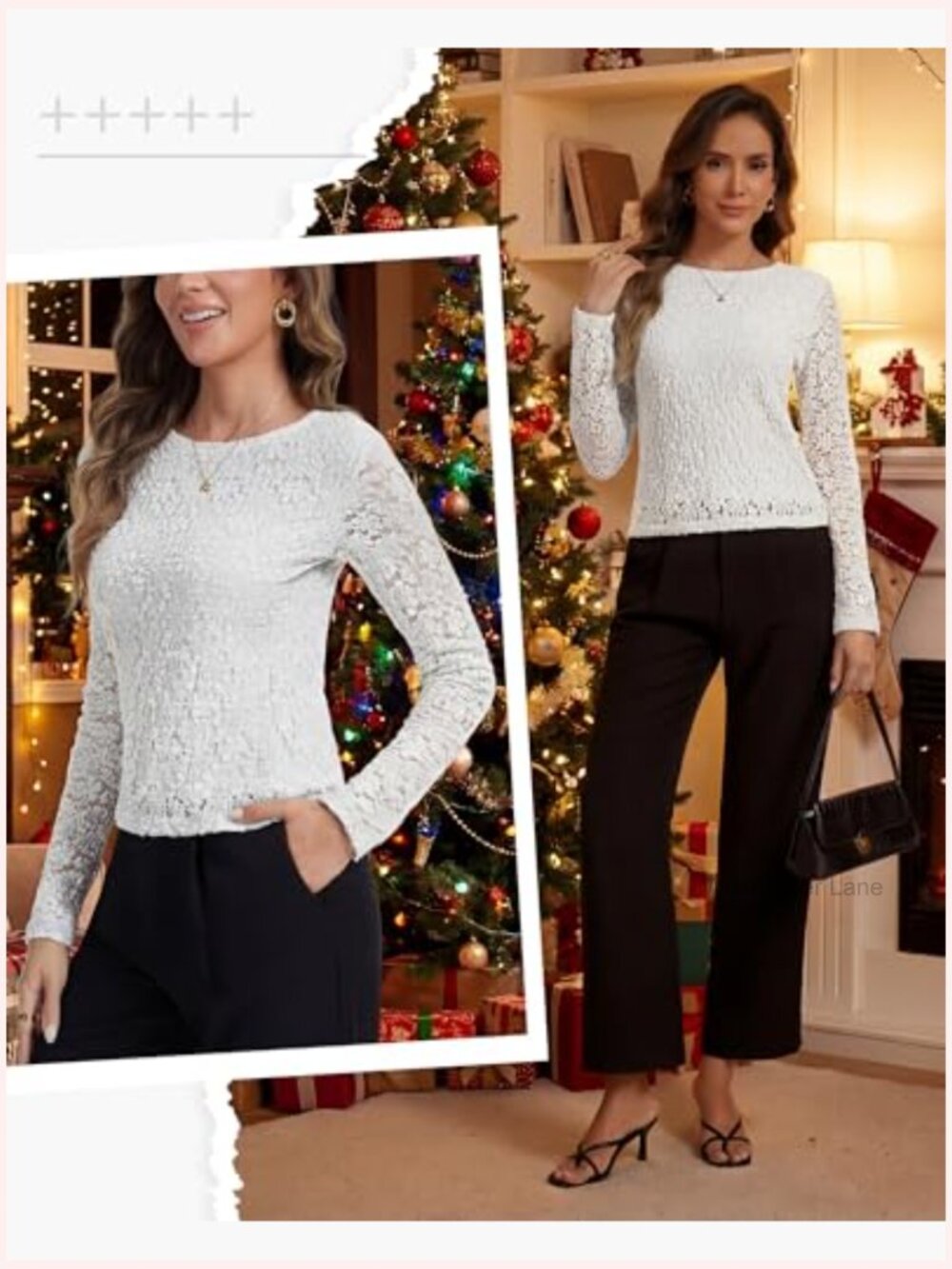 Lace Long Sleeve Mesh Tee Blouse Layering Shirt Crew Neck Slim Fit Floral Top - Picture 5 of 7